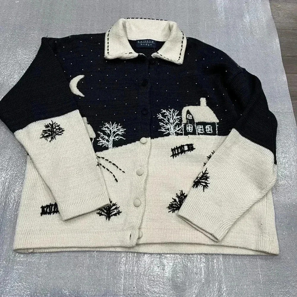 [XL]Rainbow  Bridge Winter Scene Embroidered Collared Button Knit Sweater - Picture 1 of 7